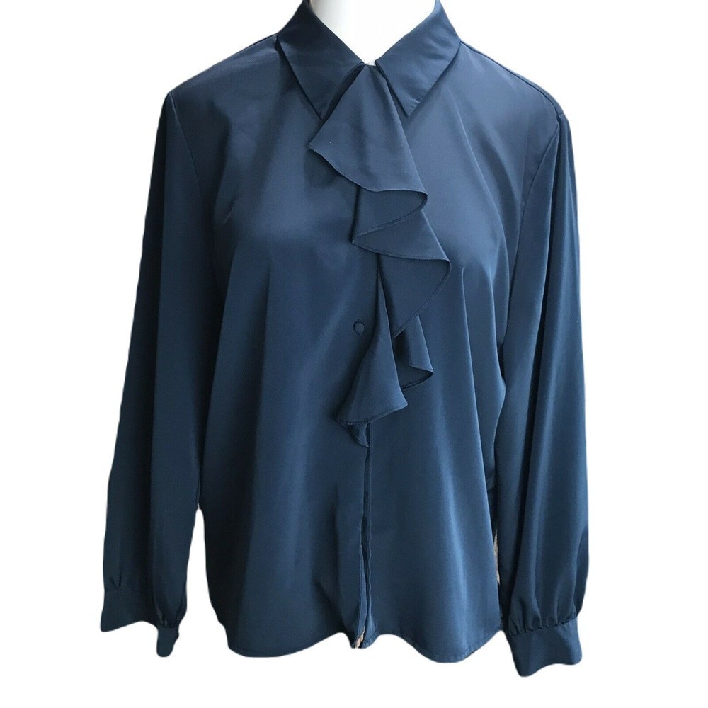 Collections Internationale Classy Button Up Ruffle Shirt ~ Sz 12 ~ Blue